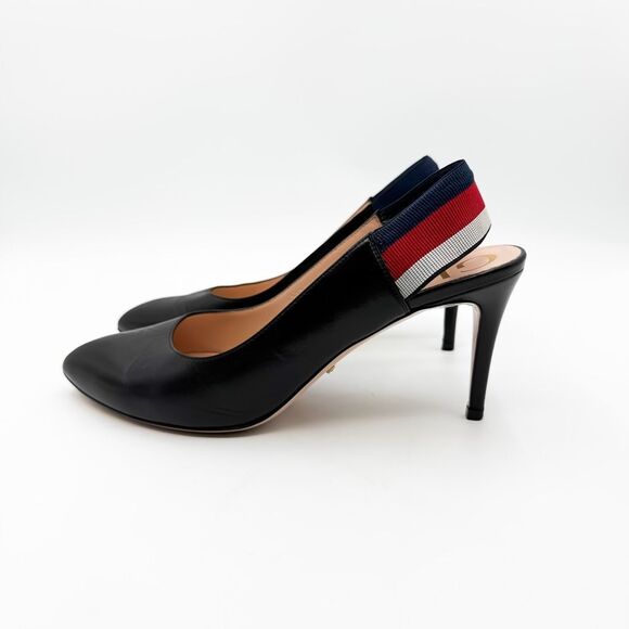 Gucci Sylvie Pumps Web Stripe Black Leather Slingback Heels Size 40, 10 - Picture 5 of 14